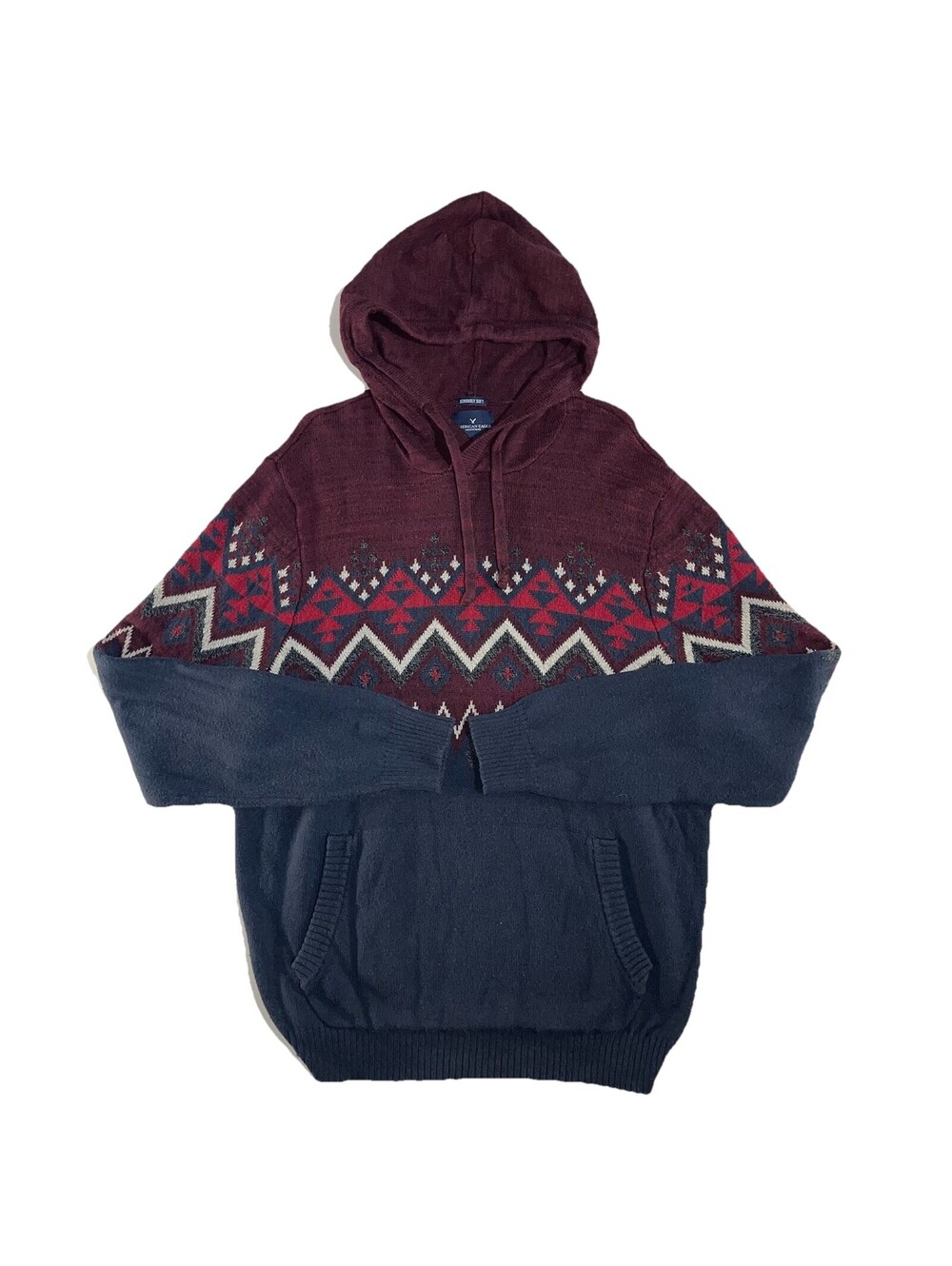 American Eagle Seriously Soft Hooded Sweater Mens L Aztec Knit Pullover Grandpa
